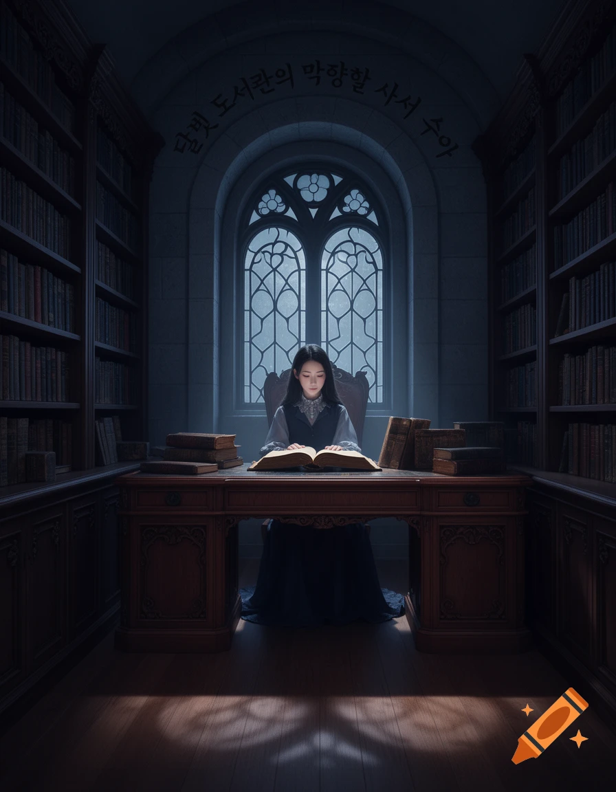 A woman reads a glowing book at a desk in a grand, dimly lit library with tall bookshelves and an arched window.