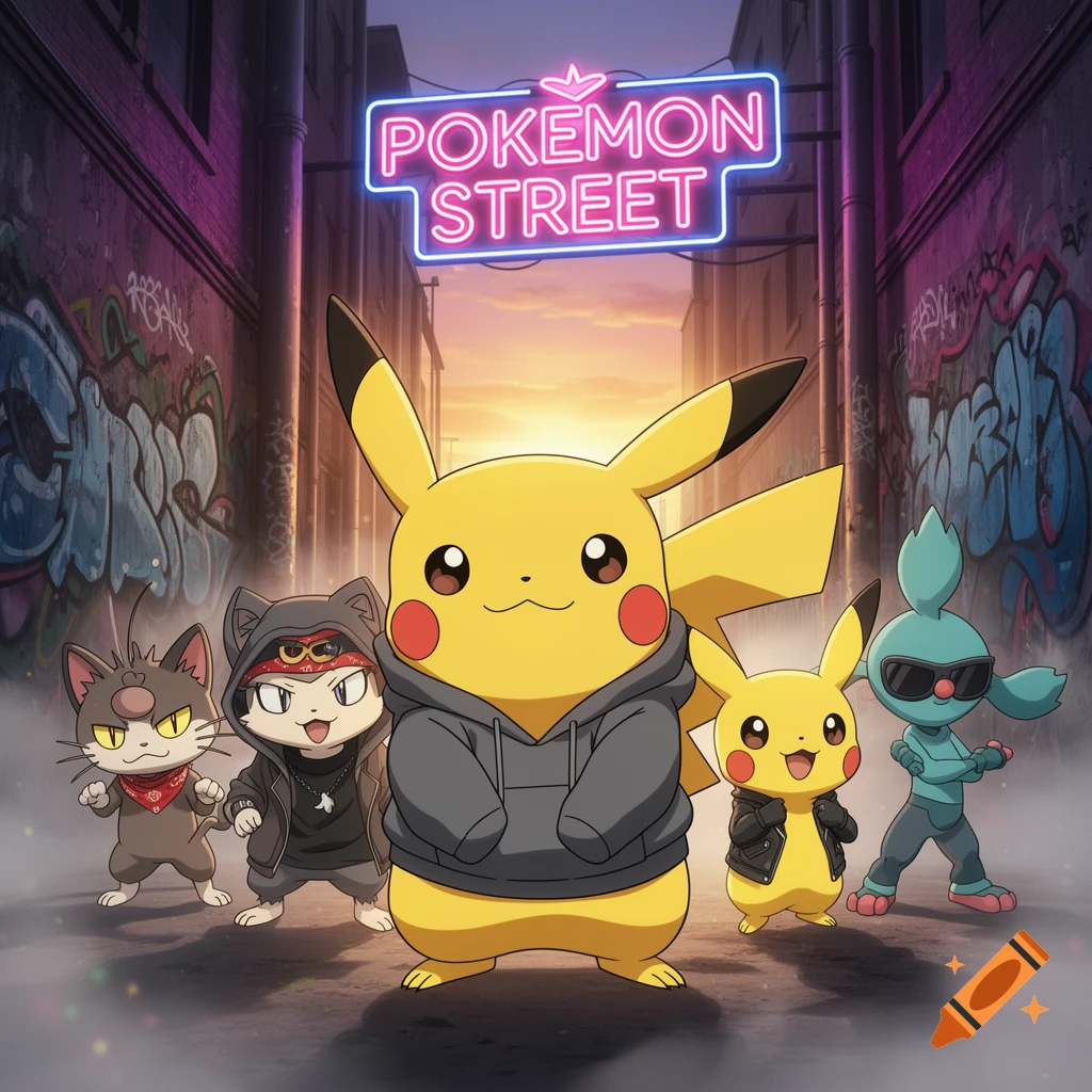 Pikachu and other Pokemon, wearing street clothes, stand in a dark, graffiti-covered alley under a 'Pokemon Street' neon sign.