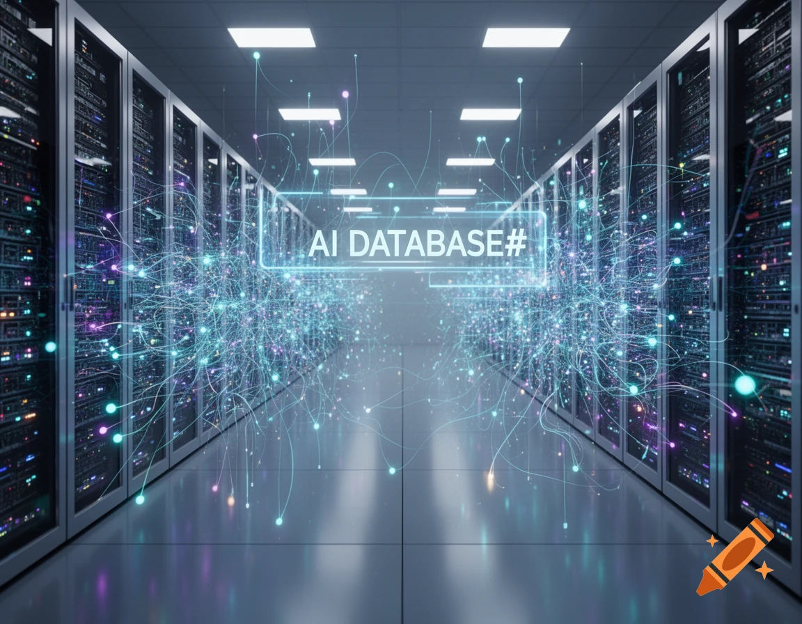 A futuristic data center with rows of servers and glowing blue and purple data streams, highlighting 'AI DATABASE#' text.