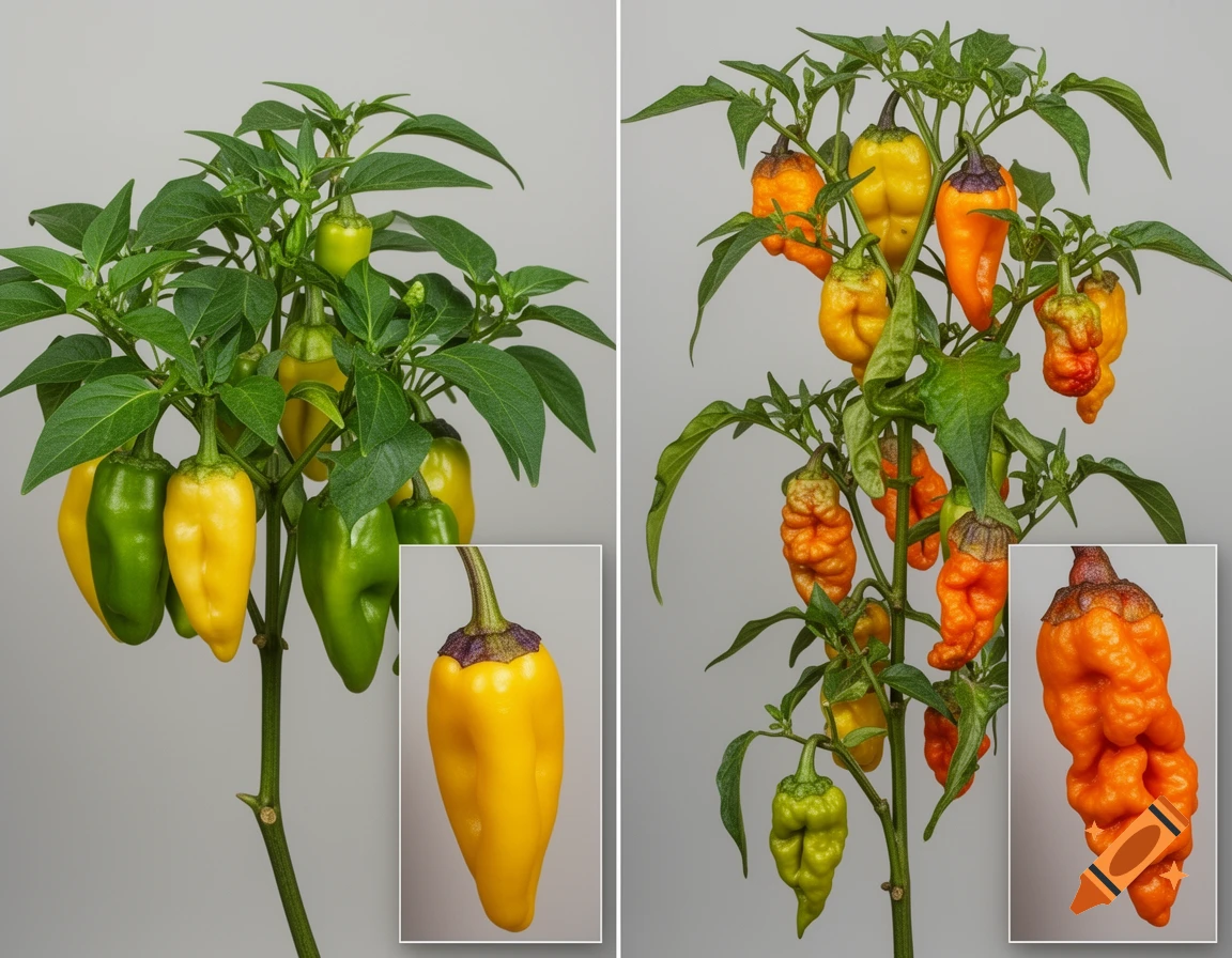 Photorealistic botanical comparison of two chili pepper plants, one with smooth yellow peppers and the other with gnarly orange peppers, both showing ripening stages.