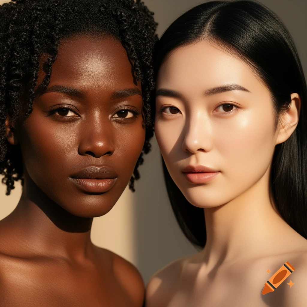 Close-up photorealistic portrait of two women with contrasting dark and light skin tones, looking directly forward in warm light.