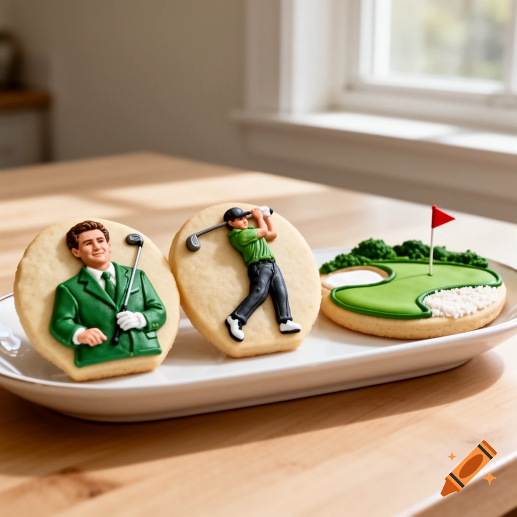 Three golf-themed sugar cookies on a white platter, featuring two golfers and a golf green.