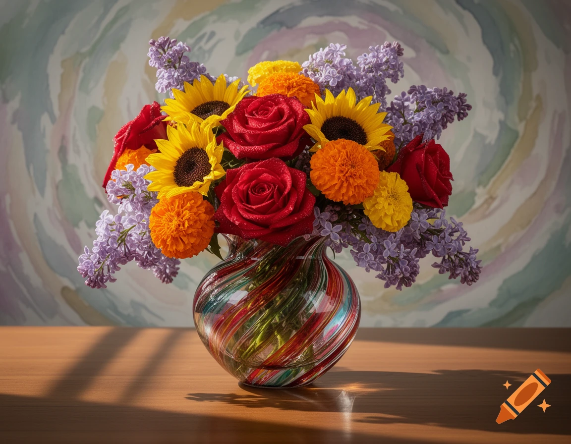 Vibrant bouquet of red roses, yellow sunflowers, orange marigolds, and purple lilacs in a colorful swirl vase on a wooden table with an abstract background.