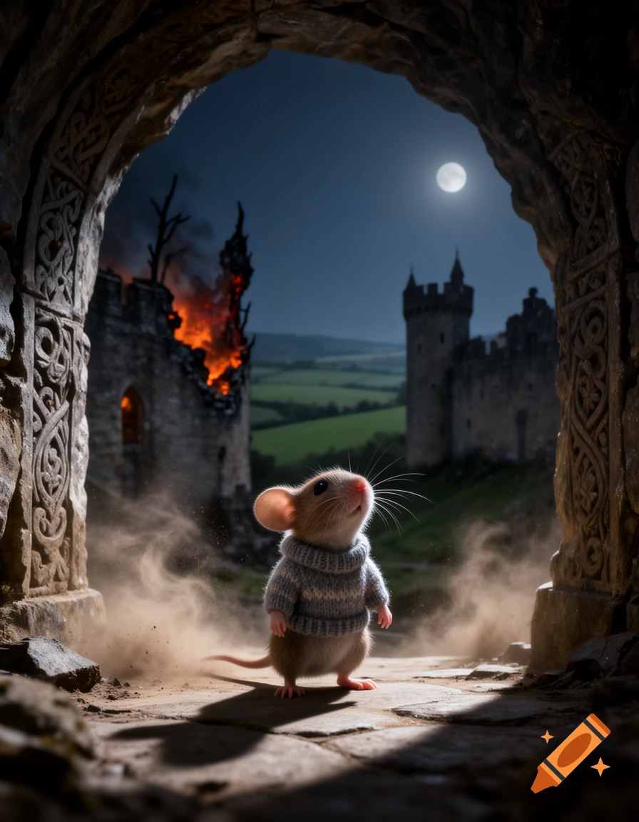 A cute mouse in a blue sweater stands on a stone path under an archway, looking towards a distant burning castle under a full moon.