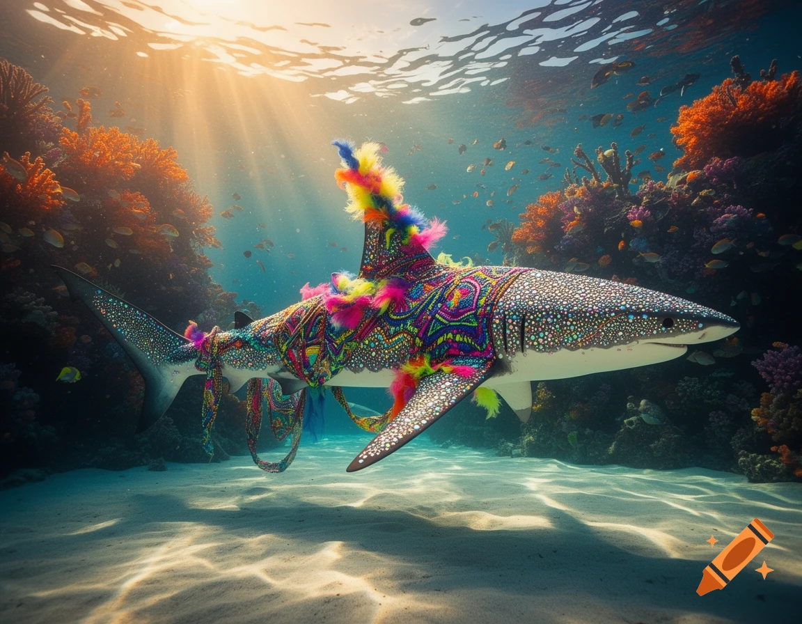 A flamboyant shark covered in colorful feathers and patterns swims in a sunlit coral reef.