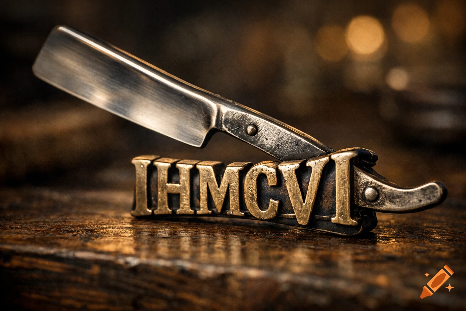 Close-up of an antique straight razor with a brass handle spelling 'IHMCVI' on a dark wooden surface.