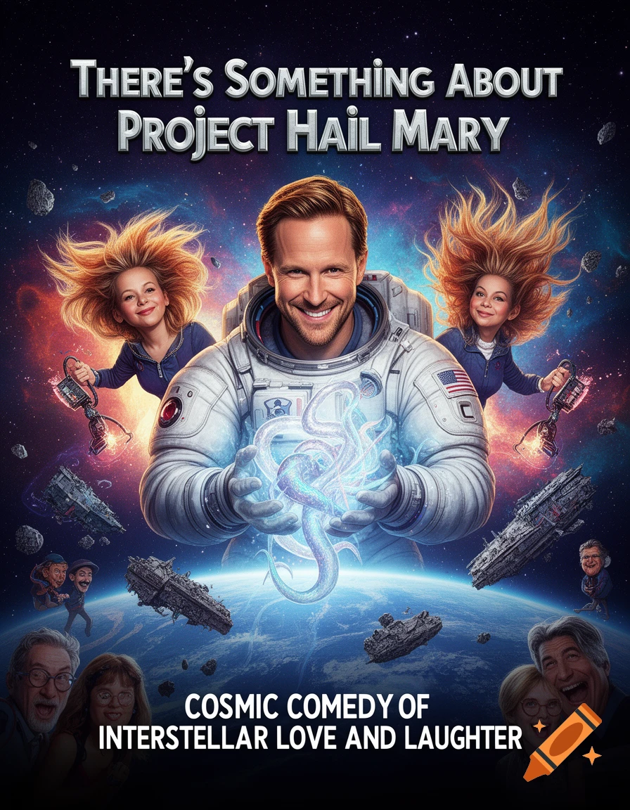 Comedic sci-fi movie poster: astronaut holds glowing tentacles, flanked by two wild-haired women, spaceships against a starry sky.