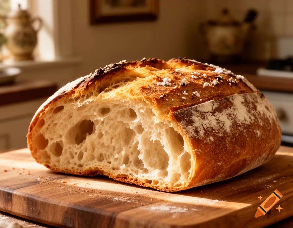 A close-up of a rustic loaf of bread, sliced open to reveal a porous interior, sitting on a wooden cutting board with scattered flour.