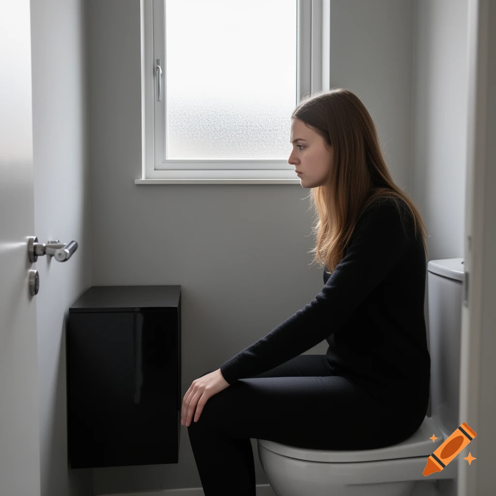A young woman sits fully clothed on a toilet in a modern bathroom, looking off to the side with a pensive expression.