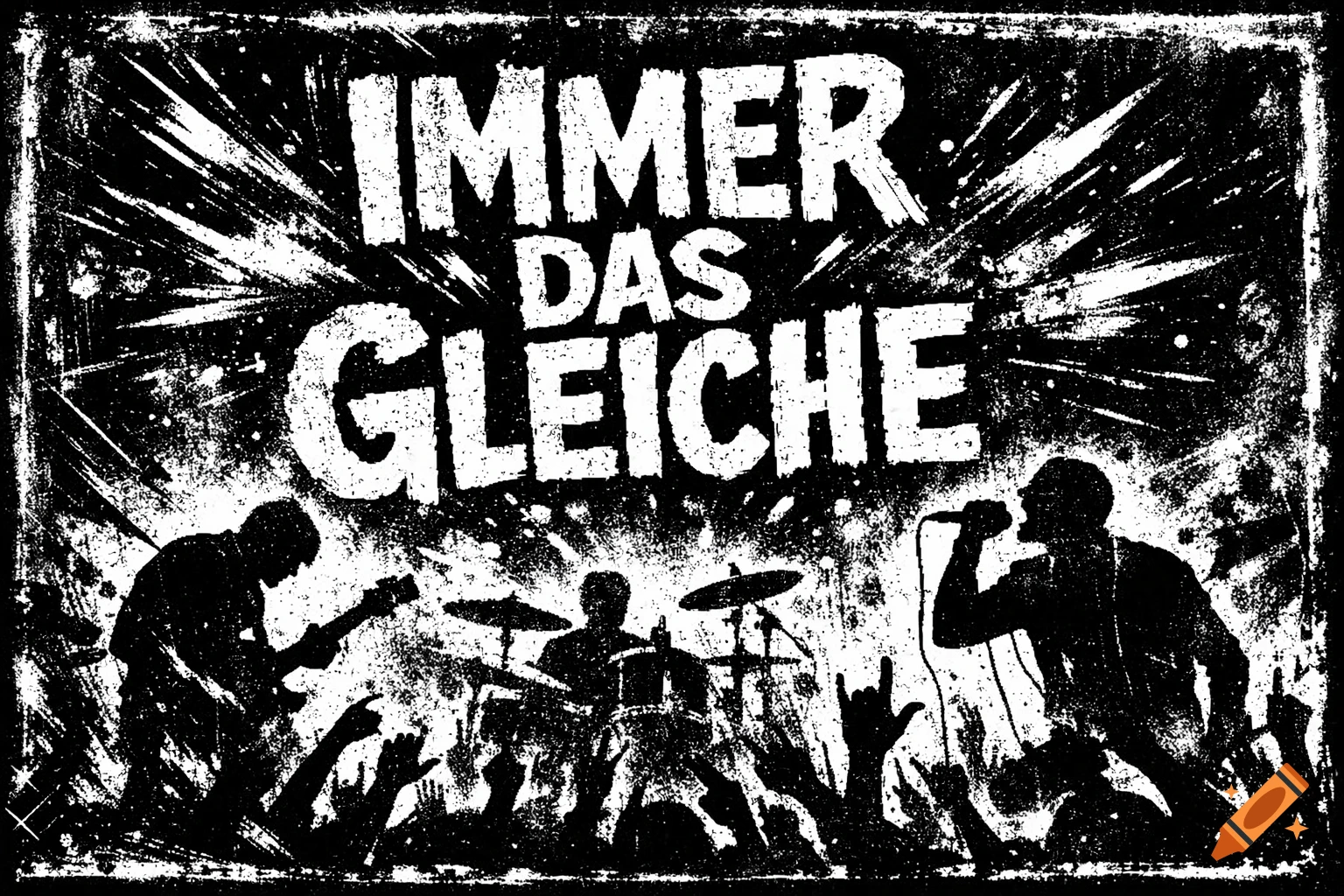 Grungy black and white rock concert poster with a band performing and German text 'Immer das Gleiche'.