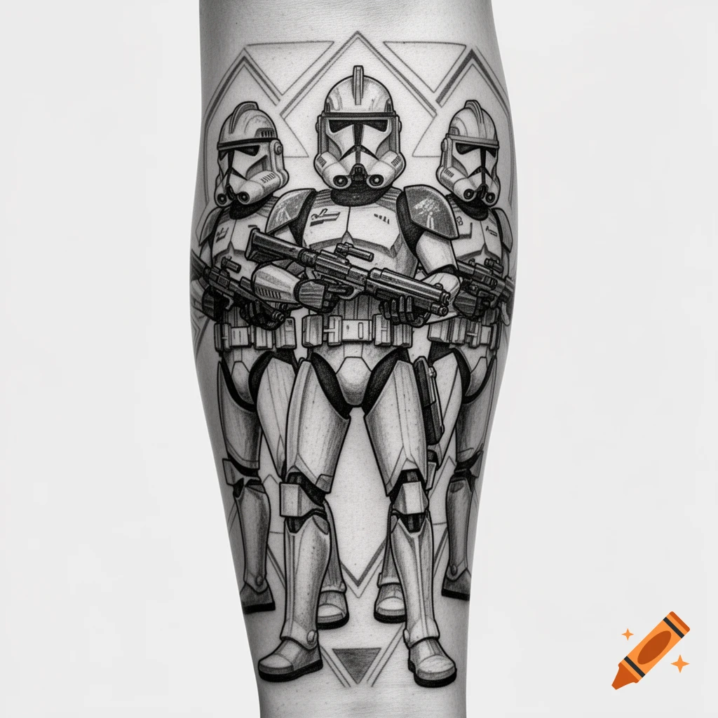 Black and white forearm tattoo of three detailed Star Wars Clone Troopers holding rifles, against a geometric background.
