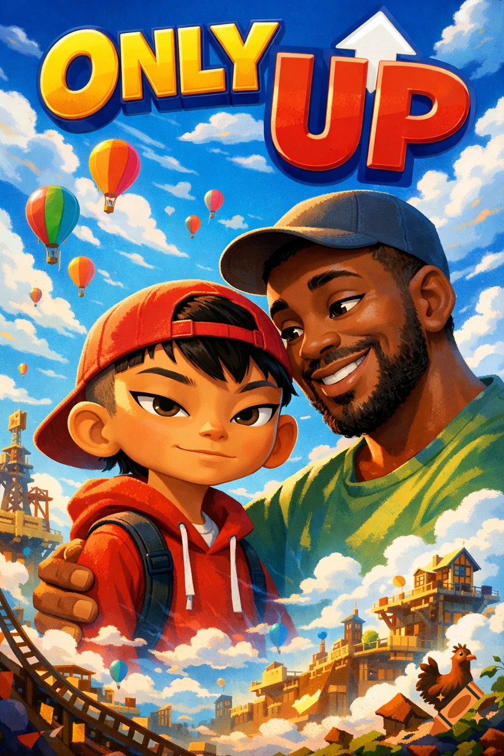 Cartoon movie cover for ONLY UP featuring a smiling Black man and a young Asian boy in a sky city with hot air balloons.