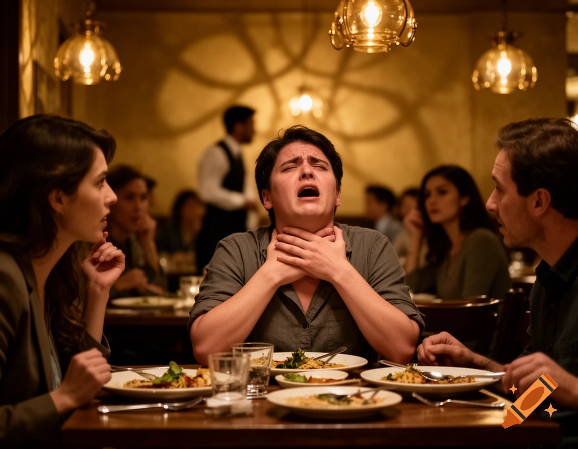 A person chokes and clutches their throat at a restaurant table, observed by two others, photorealistic.