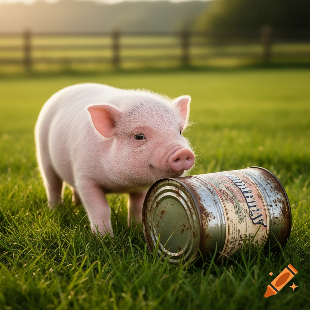 A cute pink piglet sniffs a rusty can in a sunny green field with a fence in the background.