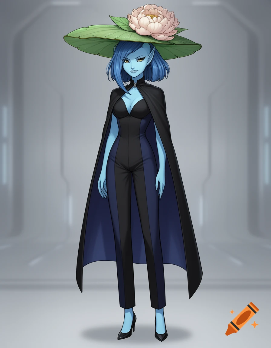 An elegant, stylized blue-skinned alien woman with a lily pad hat and peony, wearing a black jumpsuit and cape, standing in a futuristic room.