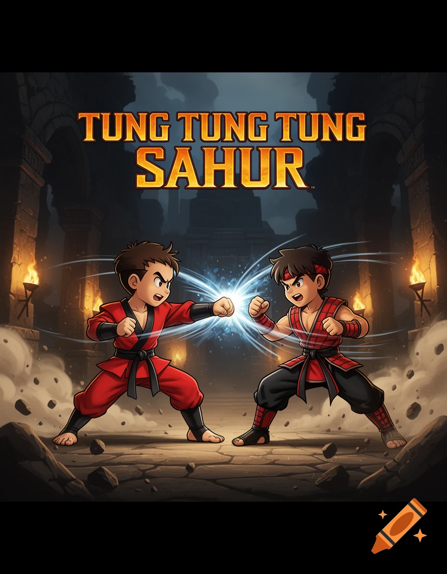 A cartoon image of two kids in red martial arts uniforms facing off with an energy blast, with text 'TUNG TUNG TUNG SAHUR' above.