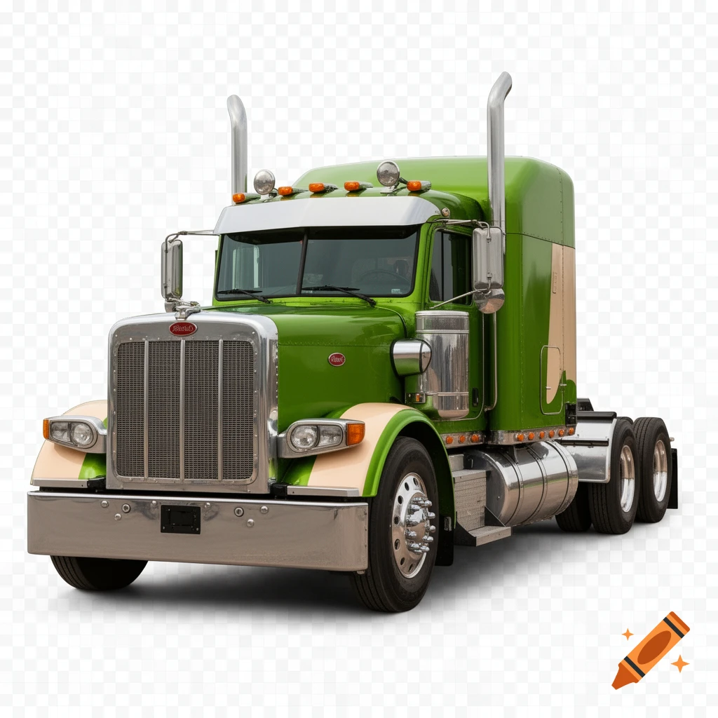 A photorealistic dark lime green and beige Peterbilt 379 semi-truck with chrome details on a transparent background.