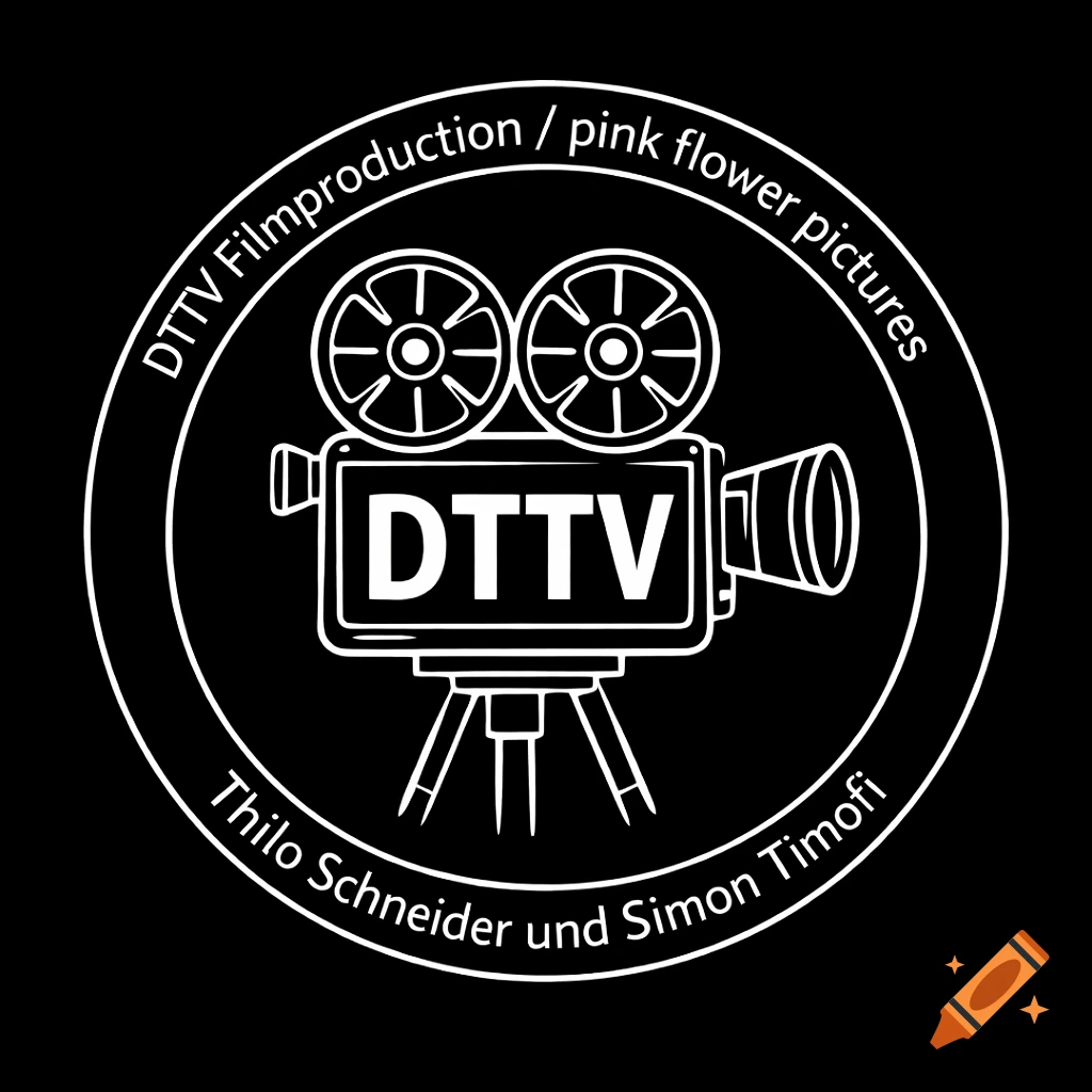 White outline logo of a vintage film camera with film reels, text 'DTTV Filmproduction / pink flower pictures Thilo Schneider und Simon Timofi' in a circle.