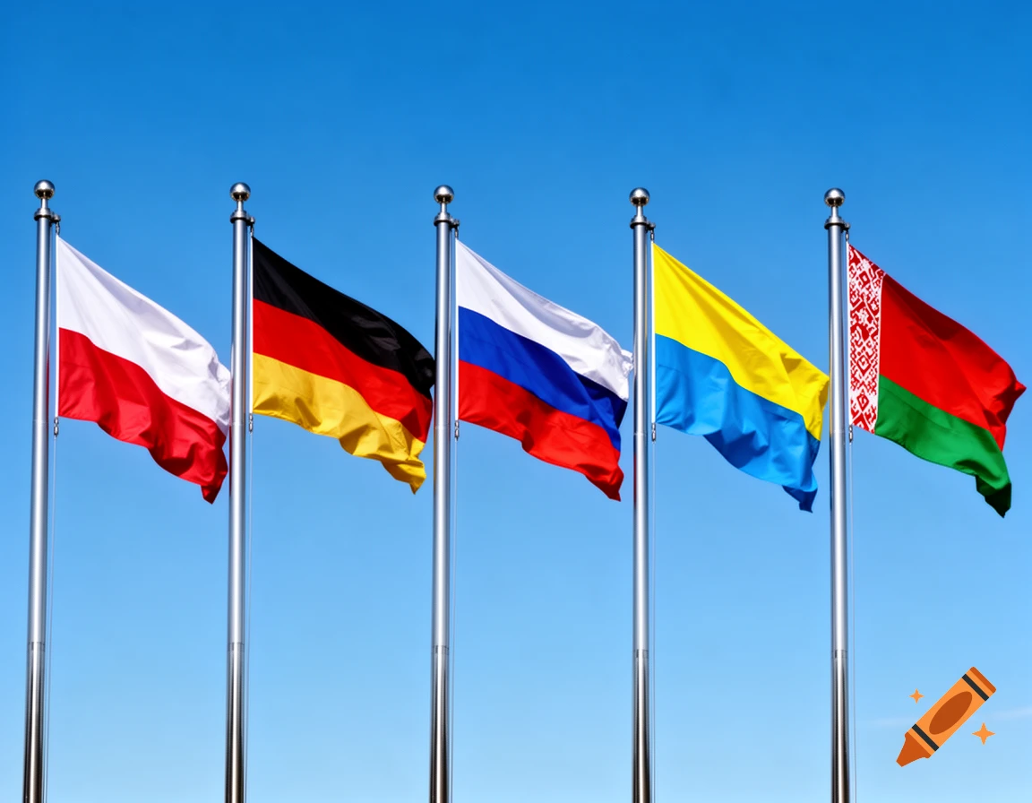 Five national flags: Poland, Germany, Russia, Ukraine, and Belarus, waving against a bright blue sky.
