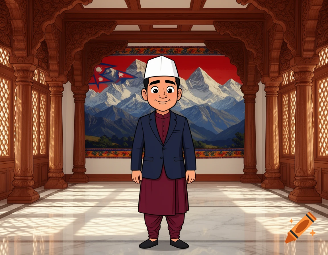 A cartoon man in traditional Nepali attire, including a white Dhaka Topi, stands in a grand wooden hall with a mountain and Nepali flag mural in the background.