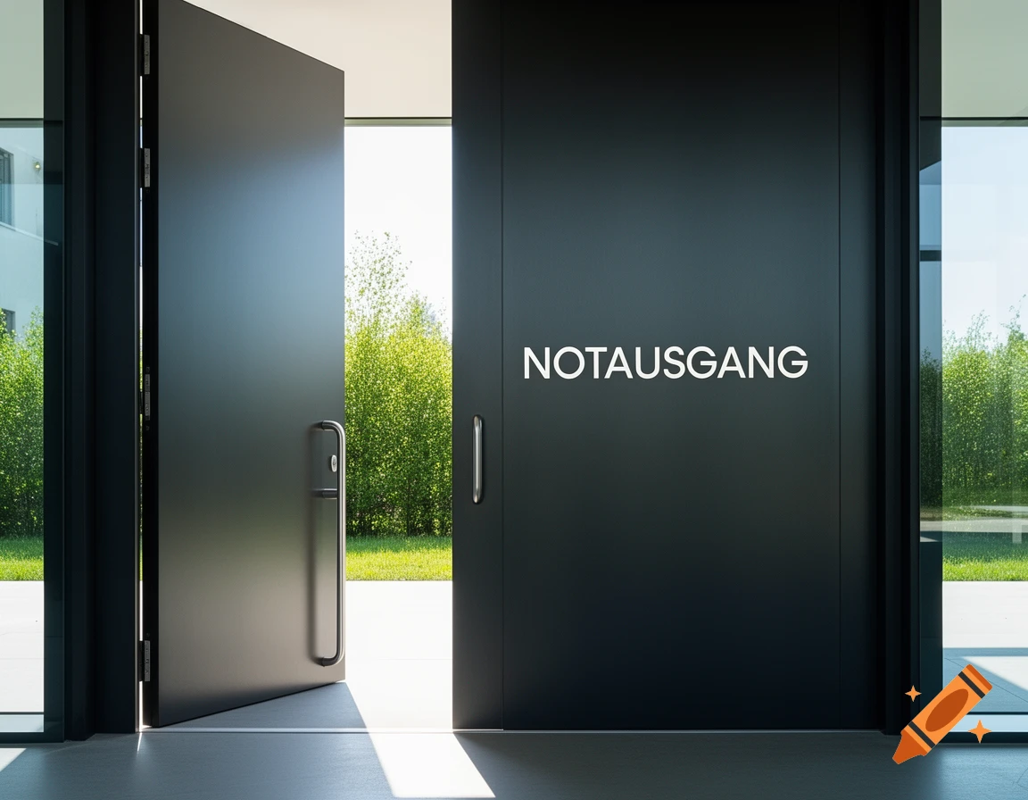 A modern black emergency exit door, partially open to a bright green outdoor landscape, in a photorealistic architectural style.