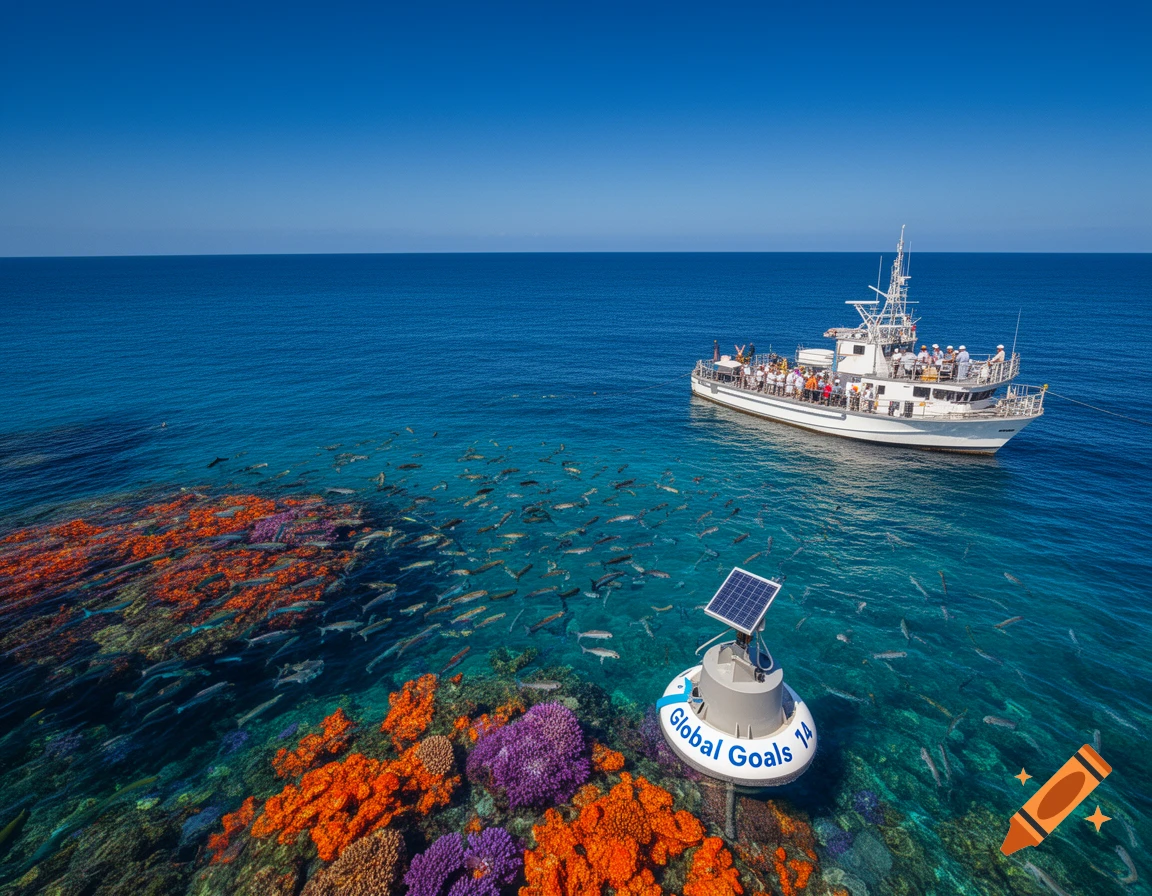 Aerial view of a boat, vibrant coral reef, and a school of fish in clear blue ocean, with a 'Global Goals 14' buoy.