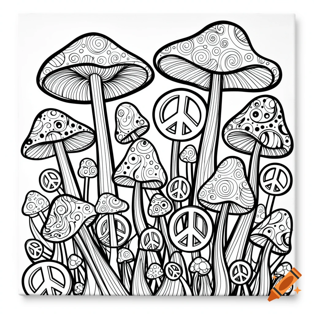 Black and white outline drawing for a coloring page, featuring detailed mushrooms and peace signs in a hippie-themed style.