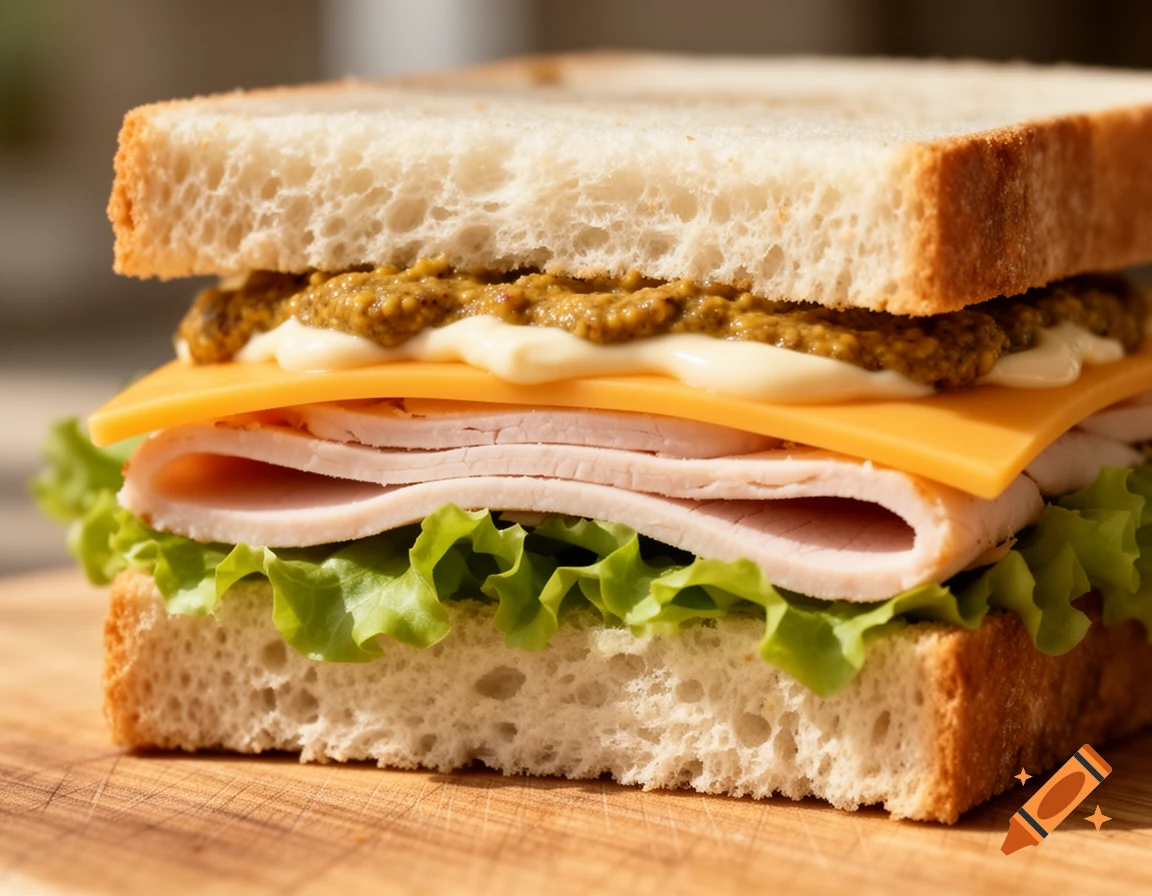 Close-up, photorealistic sandwich with white bread, turkey, cheddar cheese, lettuce, mayonnaise, and whole-grain mustard.