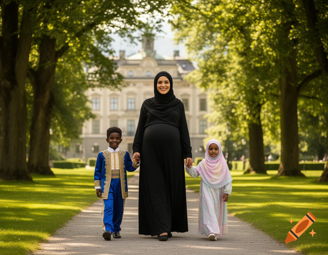 Smiling pregnant woman in black hijab walks hand-in-hand with two children, a boy in blue and a girl in pastel hijab, in a park with a palace.