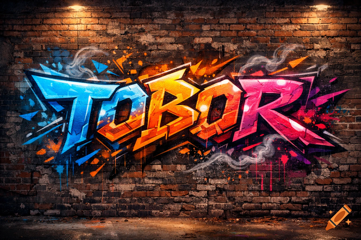 Colorful graffiti spelling 'TOBOR' on a grunge brick wall under spotlights.