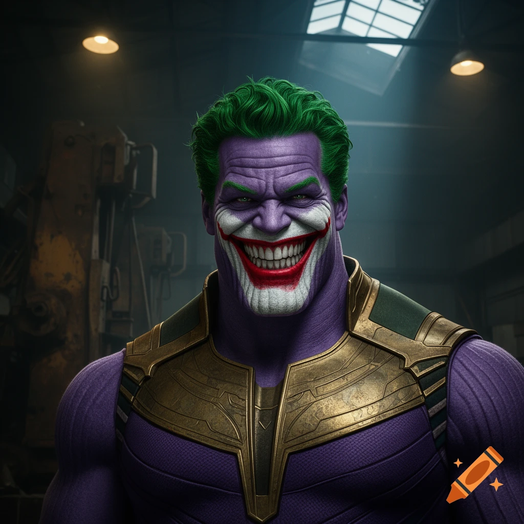 Close-up portrait of a muscular purple-skinned character with green hair and the Joker's wide smile, wearing golden armor, in an industrial setting.