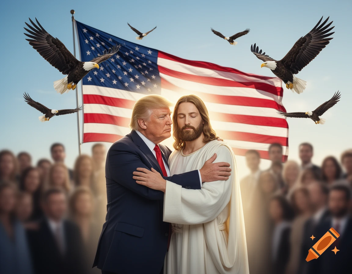 Photorealistic image of Donald Trump hugging Jesus, American flag and bald eagles in the background, a blurred crowd behind them.