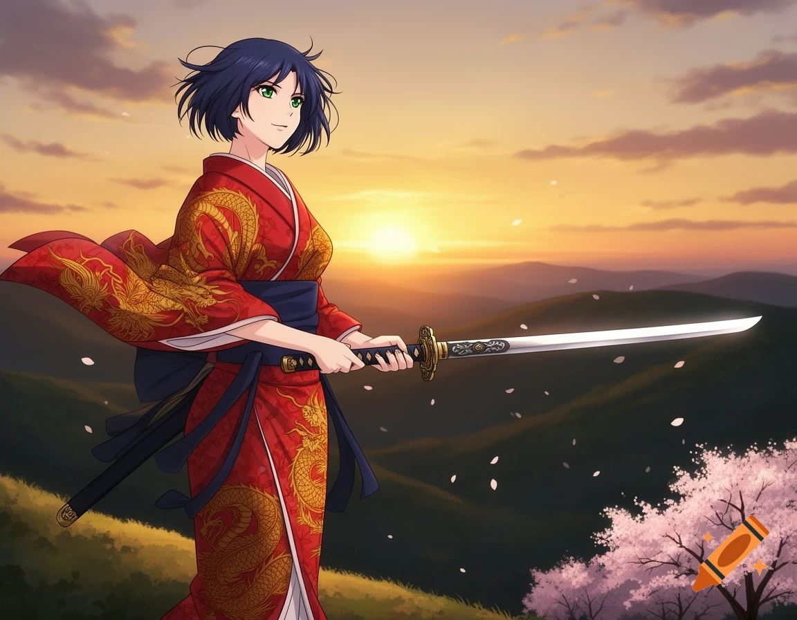 Anime samurai woman in a red kimono with a golden dragon pattern, holding a katana at sunset over mountains with cherry blossoms.