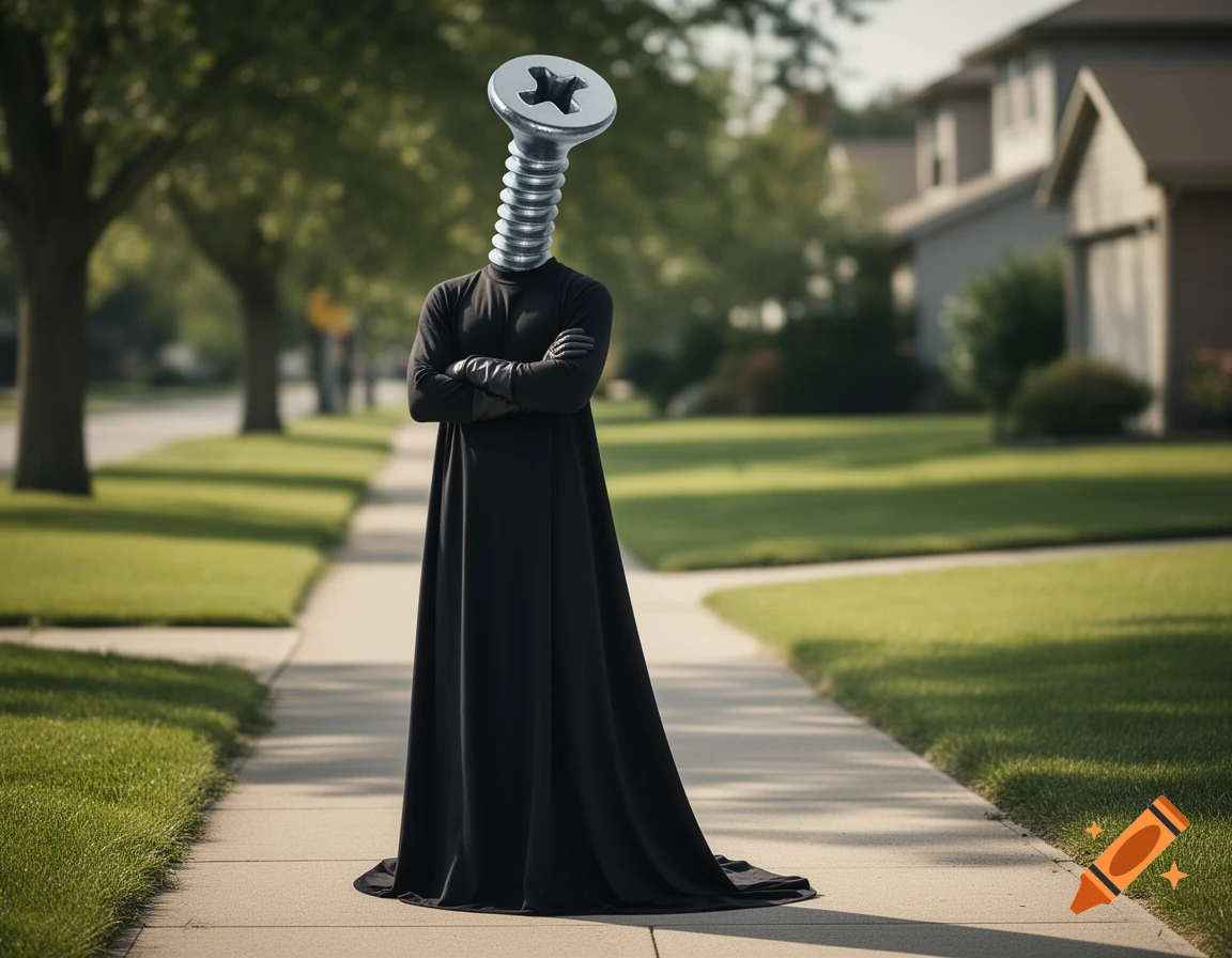 A photorealistic, surreal image of a black-robed humanoid with a shiny Phillips head screw for a head, standing arms-crossed on a suburban sidewalk.