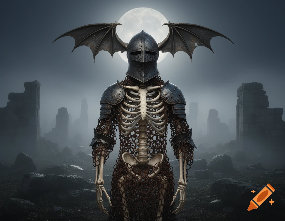 A skeletal knight with bat wings on its helmet stands in a foggy ruined landscape under a full moon.