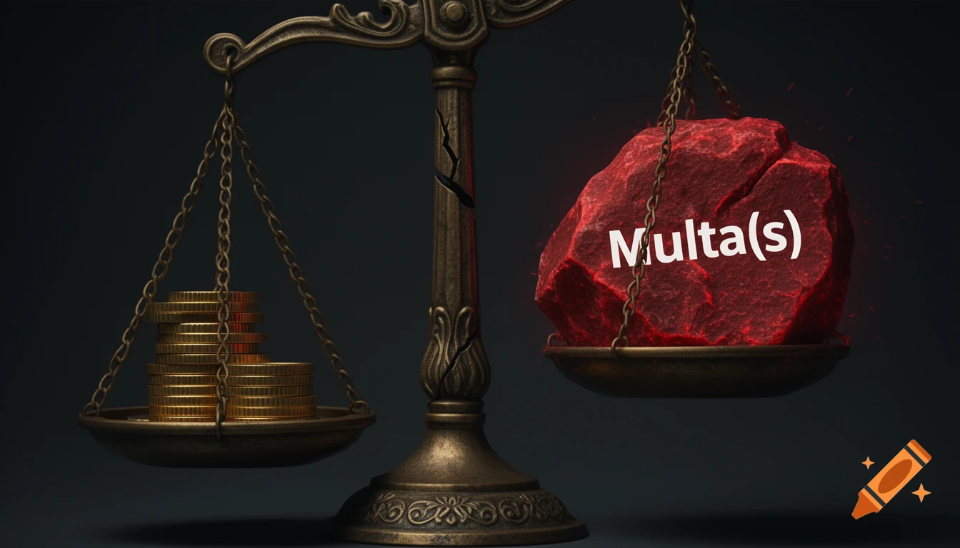An ancient scale of justice heavily tilted, with gold coins on the left and a red rock labeled 'Multa(s)' on the right, cracking the scale.
