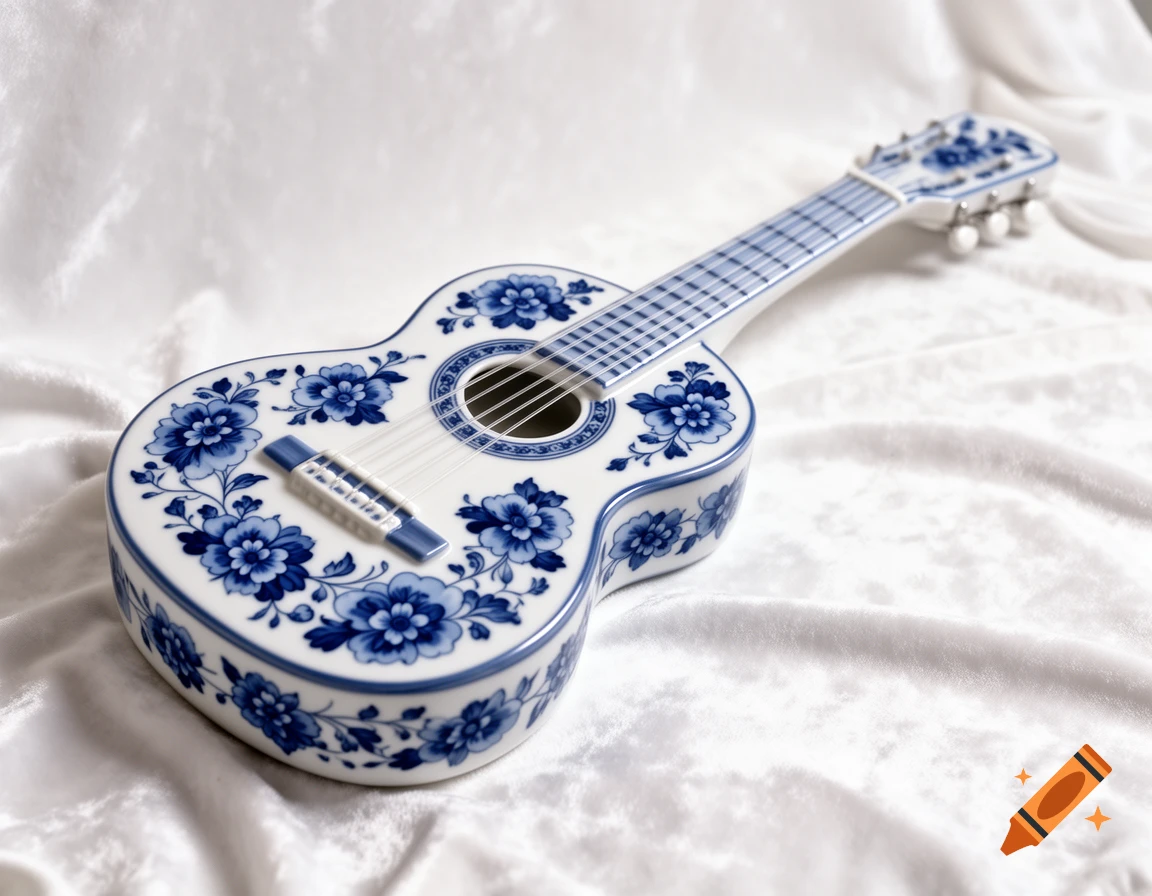 A white porcelain guitar with intricate blue floral patterns, resting on a soft white draped fabric.