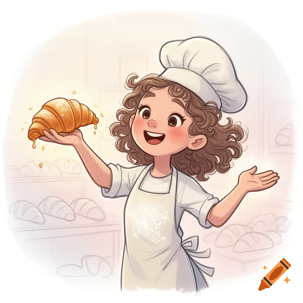 Cartoon sketch of a smiling girl baker holding a croissant, standing in a bakery.