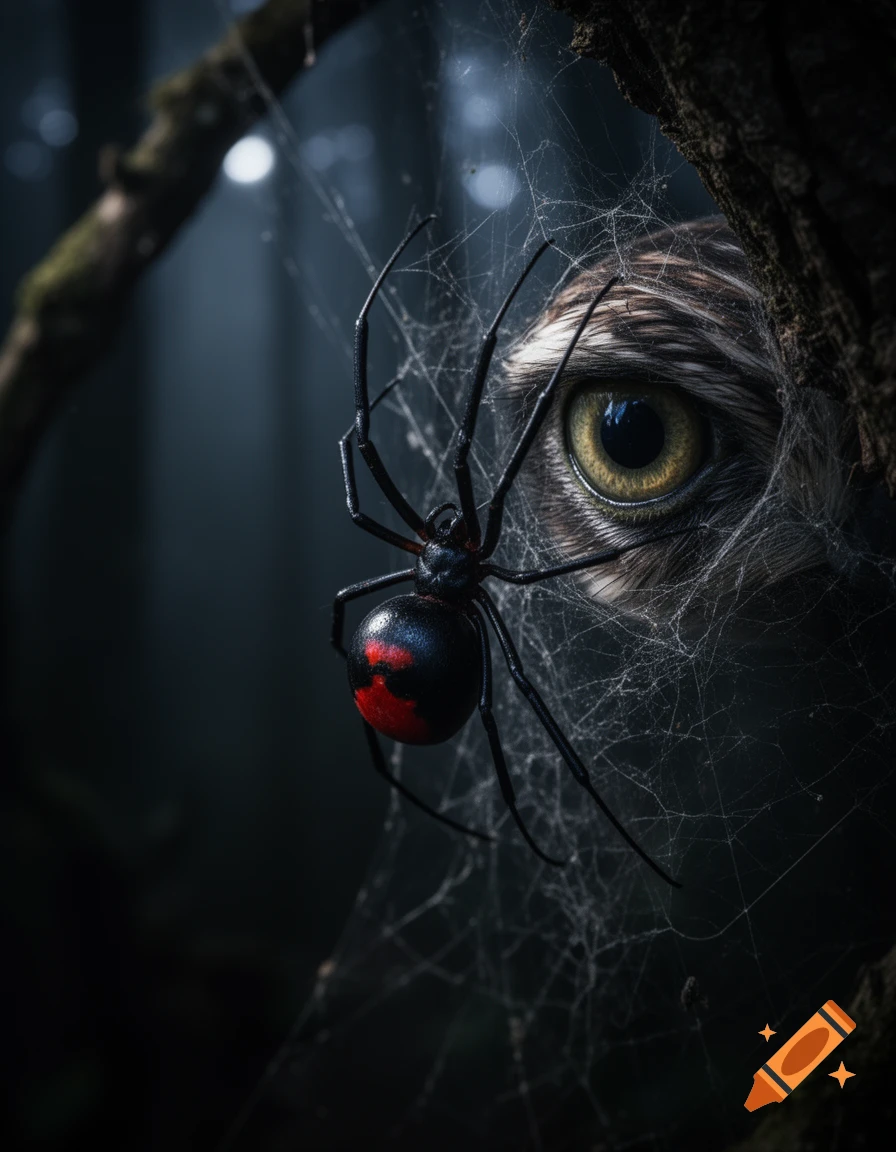 A black widow spider on a web in a dark forest, with a large, feathered animal eye peering from behind a tree.