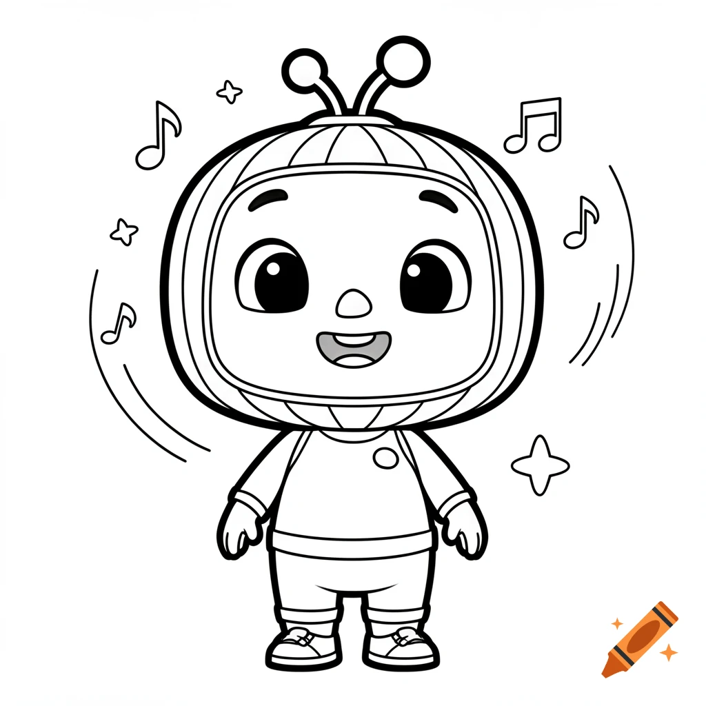 Black and white coloring page of a smiling cartoon character in a melon-like suit, with musical notes and stars around it.