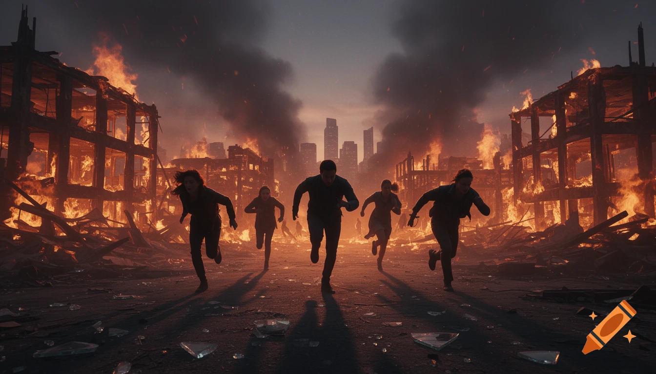 Silhouettes of people run from burning, destroyed buildings in a dark, post-apocalyptic city.