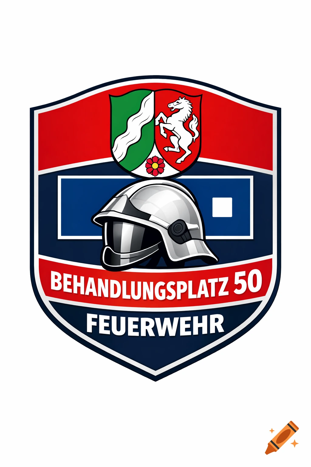 A professional vector-style emblem for a German fire department, featuring the Coat of Arms of North Rhine-Westphalia, a silver firefighter helmet, and text "BEHANDLUNGSPLATZ 50 FEUERWEHR".