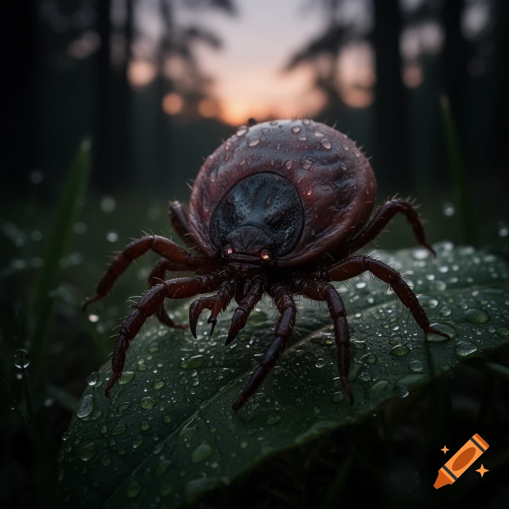 A close-up, photorealistic image of a reddish-brown tick covered in water droplets on a dewy green leaf, with a blurred forest and sunset in the background.
