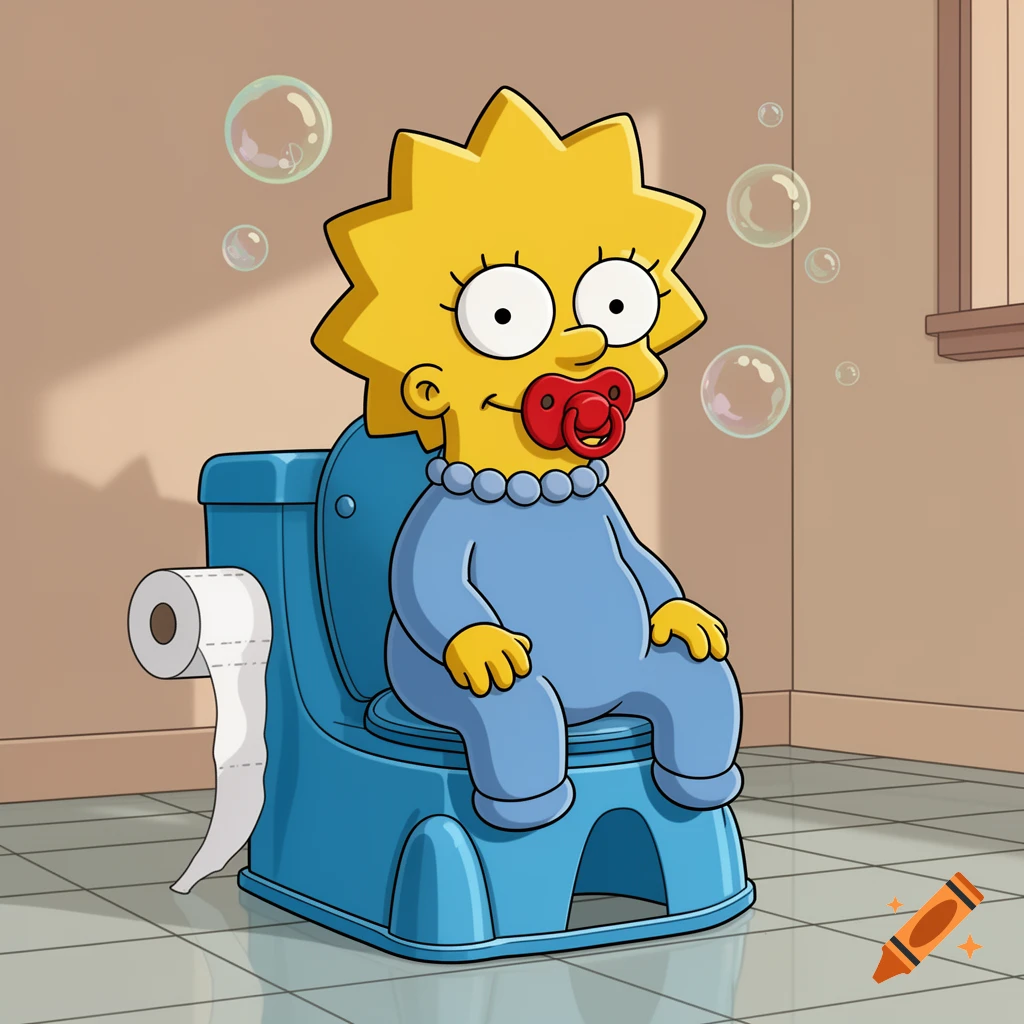 A baby Lisa Simpson with a pacifier sits on a blue potty, with a toilet paper roll and bubbles in a bathroom.