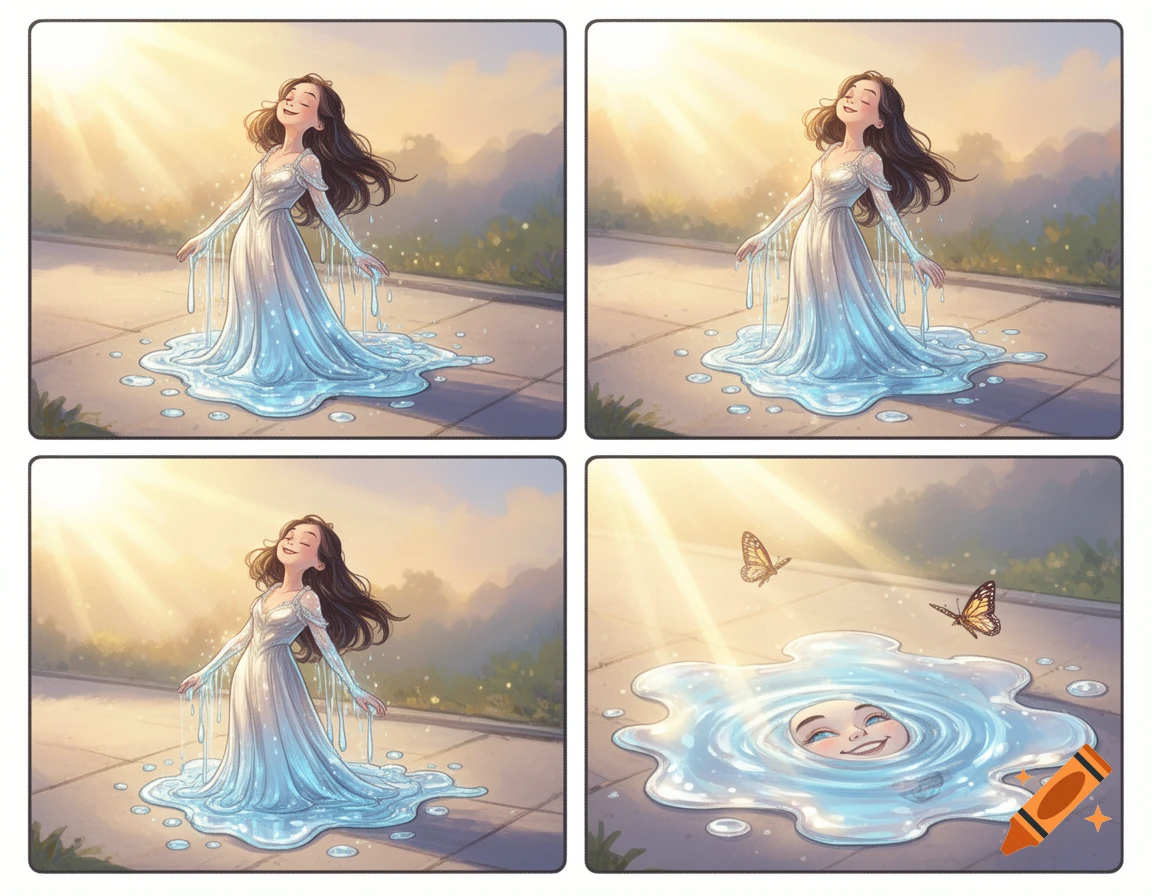 Four-panel cartoon comic of a smiling woman in a white dress melting into a puddle under a sunny sky, her face emerging from the water.