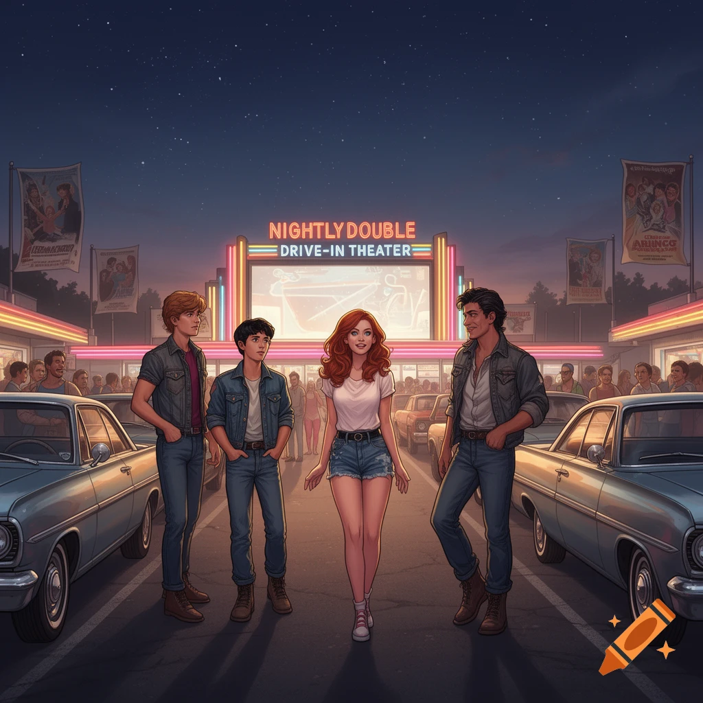 Four young people stand in a drive-in theater parking lot at dusk, with classic cars on either side and a neon "Nightly Double Drive-In Theater" sign glowing in the background. The art style is a vibrant, retro-cartoon illustration.