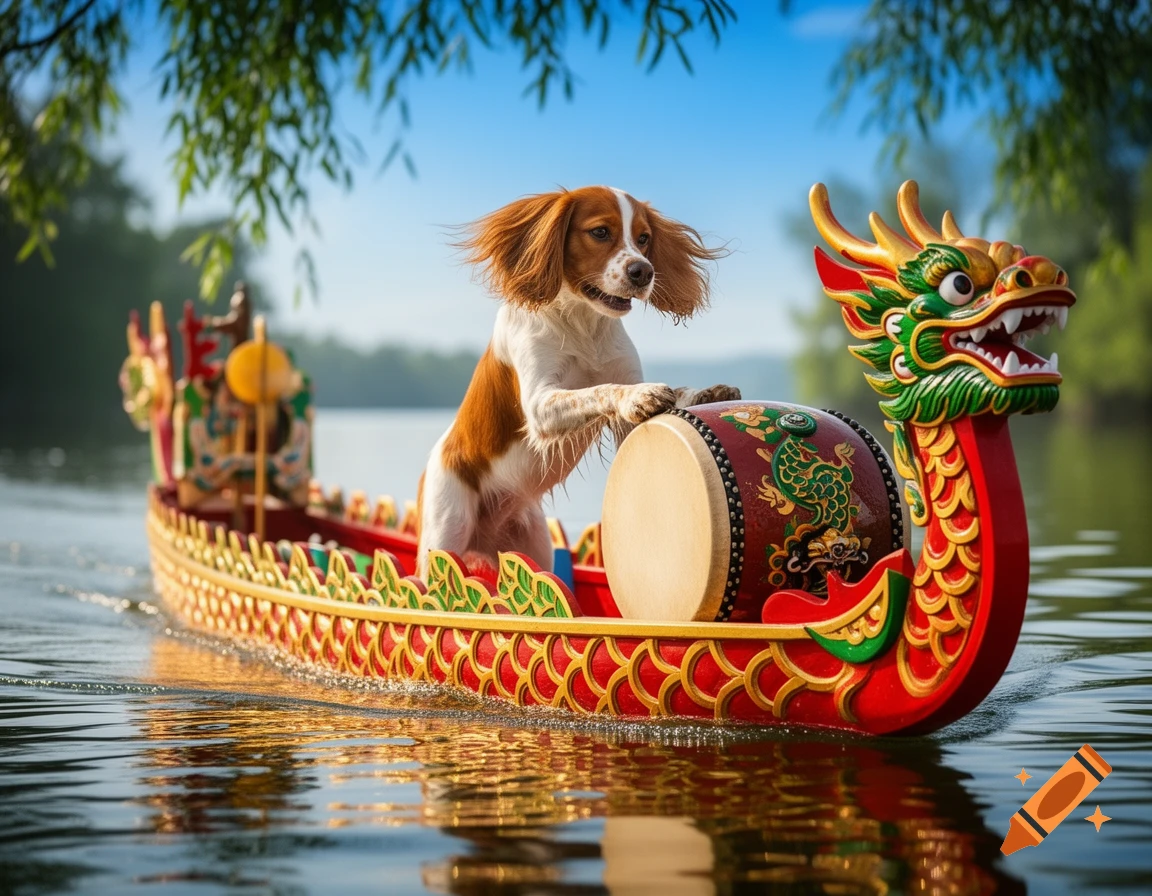 A brown and white dog stands in a colorful dragon boat on the water, with its paws on a drum.