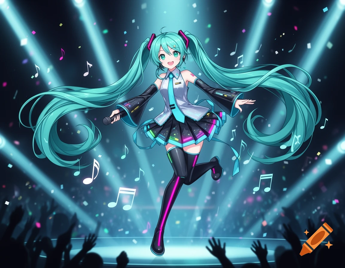 Hatsune Miku, an anime character with long turquoise pigtails, performs on a vibrant stage under spotlights amidst a cheering crowd.