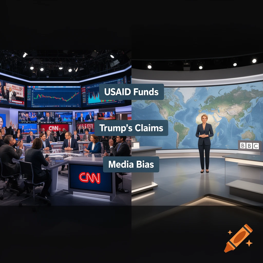 Photorealistic image of two news studios, CNN with a panel discussion, and BBC with an anchor in front of a world map.