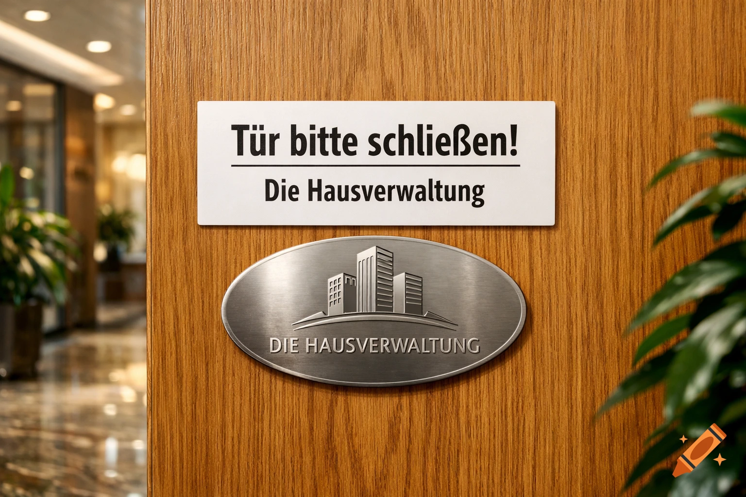 A white sign with "Tür bitte schließen! Die Hausverwaltung" in black text, mounted on a wooden door above a silver oval sign with a building logo and "DIE HAUSVERWALTUNG".